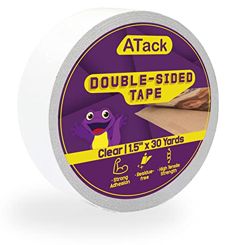 ATack Double Sided Tape Clear (Single roll) 1.5''x30 Yards Wall Safe Heavy-Duty Transparent Double Sides Self Sticky Wall Fabric Tape for Wood Templates, Furniture, Leather, Curtains and Craft