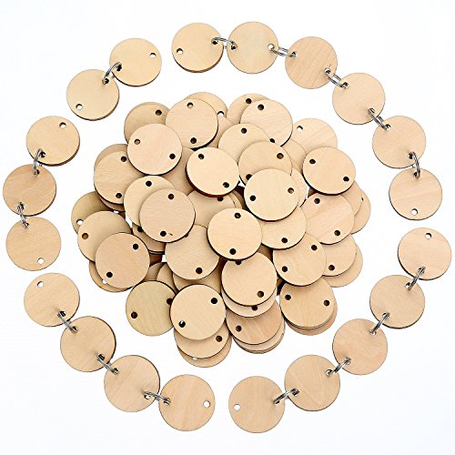 Bememo 100 Pieces Round Wooden Discs with Holes Birthday Board Tags and 100 Pieces 15 mm Rings for Arts and Crafts (3.8CM)