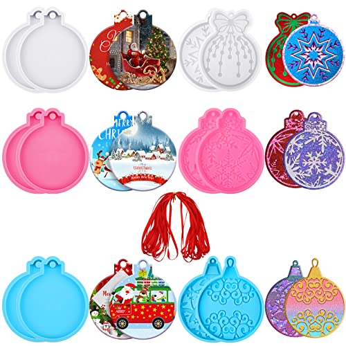 Perthlin 12 Pcs Christmas Resin Mold with Ribbon, Round Shape Silicone Ornament Molds Smooth Surface DIY Craft Keychain Molds for Epoxy Resin Jewelry Making Party Supplies, Red