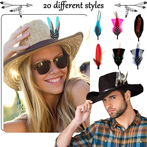 20 Pcs Hat Feathers, Assorted Feathers for Fedora Hats Colorful Real Feathers Accessories for Men Women (Mixed Style)