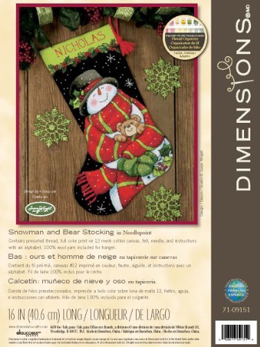 Dimensions Snowman and Bear Needlepoint Christmas Stocking Kit, 16" Long, Multicolor, 6 Piece