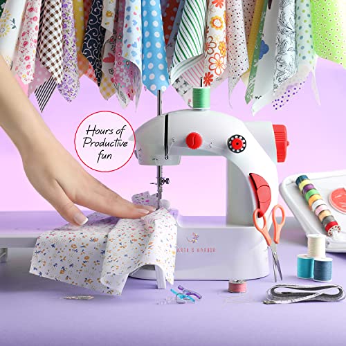 Hearth & Harbor Mini Sewing Machine for Beginners with Sewing Kit, 122 PC Dual Speed Portable Sewing Machine, Travel Small Sewing Machine Kit, Kids Sewing Machine Ages 8-12 with DIY Sewing Book & More