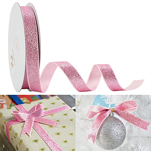 HUIHUANG Pink Glitter Frosted Satin Ribbon Shiny Chunky Glitter Ribbon 5/8 inch x 25 Yards Christmas Ribbon for Gift Wrapping, Christmas Tree Decoration, Wedding Invitation , Bouquet, Crafts