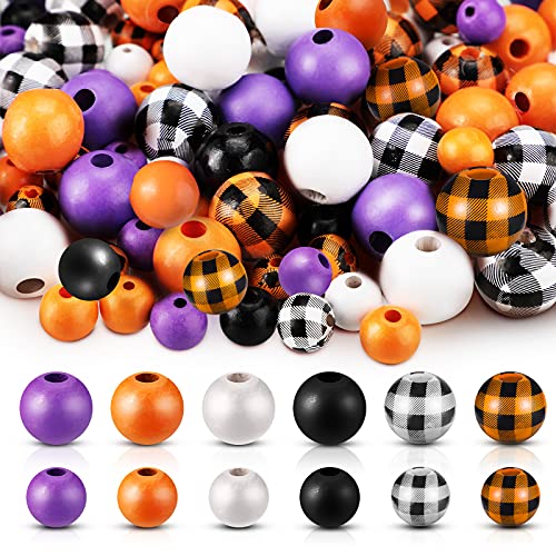 300 Pieces Halloween Wooden Beads Buffalo Plaid Wood Beads Painted Craft Beads Round Colored Beads Loose Spacer Beads Wood Chunky Beads for Home Party DIY Crafts Making Home Decoration