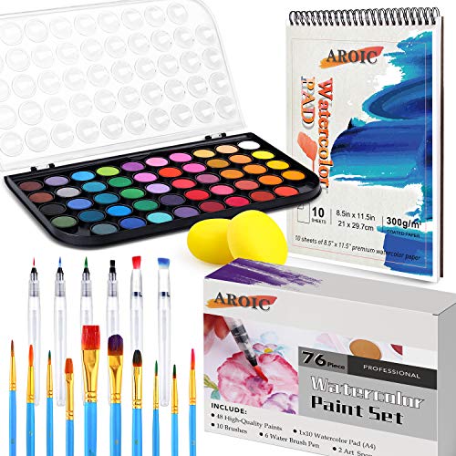 Watercolor Paint Set, 48 Color Watercolor with 10 PCS Nylon Brushes,6 PCS Refillable Water Brush Pen, 10 Page Pad(A4) and 2 PCS Art Sponges. Watercolor Paint Set for Adults,Children and Beginners.