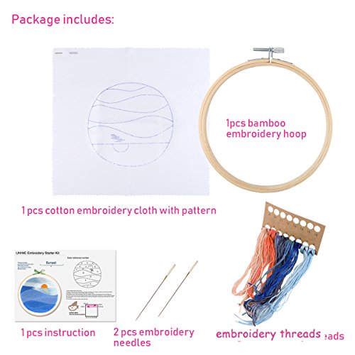 Unime Embroidery Starter Kit with Pattern Full Range Embroidery Kit with Embroidery Cloth, Embroidery Hoop, Color Threads, Needles (Sunset)