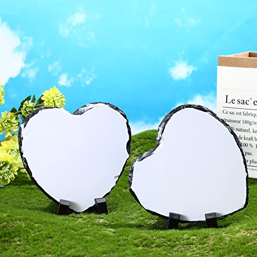 4 Pieces Sublimation Slate Heart Shaped Blank Slate Rock Stone Plaque with Display Holder, DIY Personalized Photo Picture Frame for Heat Press Machine