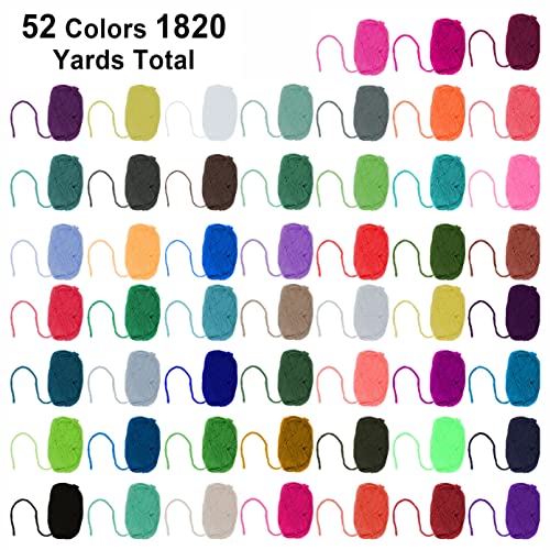 Inscraft 52 Acrylic Yarn Skeins, 1820 Yards 52 Colors Acrylic Yarn Skeins, 2 Crochet Hooks, 2 Weaving Needles, 10 Stitch Markers, 1 Bag, Yarn for Crocheting & Knitting, Gift for Beginners and Adults