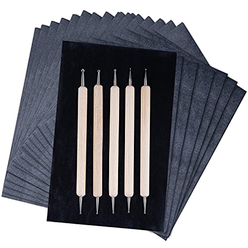 200 Sheets Carbon Paper Graphite Paper Black Carbon Transfer (8.5 x 11.5 inch) Tracing Paper with 5 PCS Embossing Styluses Stylus Dotting Tools for Wood, Paper, Canvas (Wooden Embossing Stylus)