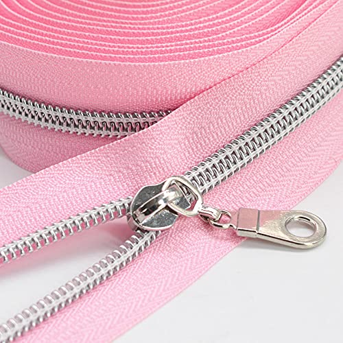 YaHoGa #5 Silver Metallic Nylon Coil Zippers by The Yard Bulk Pink Tape 10 Yards with 25pcs Sliders for DIY Sewing Tailor Craft Bag (Silver Pink)