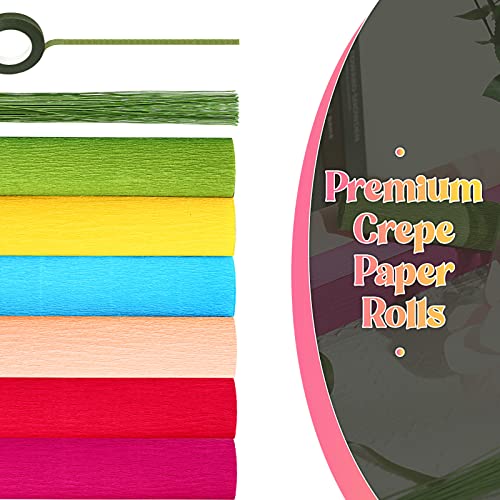57 Pieces Crepe Paper Flower DIY Kits 6 Rolls 35g Crepe Paper Rolls 50 Pcs Green Floral Iron Wire 1 Roll 50 M Green Floral Tape for Birthday Party Wedding Festival Ornament(Multi Colors)