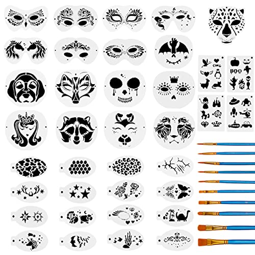 47 Pieces Face Stencils Kit, 17 Reusable Large Face Paint Stencils, 20 Small Paint Stencils, 10 Pieces Painting Brushes for Kids Face Painting, Tattoo Stencils, Holiday Halloween Makeup (White)