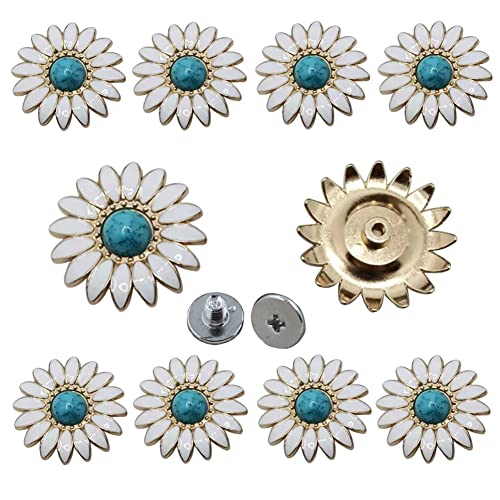 Mingchen 10pcs White Chrysanthemum Inlay Turquoise Decorative Buckle Conchos Screw Back Buttons DIY Leather Goods Accessories (Gold)