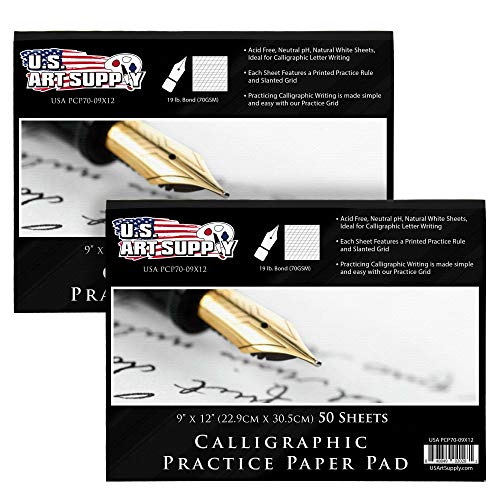 U.S. Art Supply (Pack of 2 Pads) - 9" x 12" Premium Calligraphic Practice Paper Pad, 19 Pound Bond (70gsm), Pad of 50-Sheets, Calligraphy Paper with Printed Practice Rule and Slanted Grid