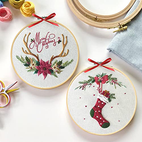 Santune 4 Pack Embroidery kit with Patterns and Instructions for Beginners Cross Stitch Kits for Adults,with 4 Embroidery Clothes with Pattern,Embroidery Hoops, Color Threads and Needles (C-Christmas)