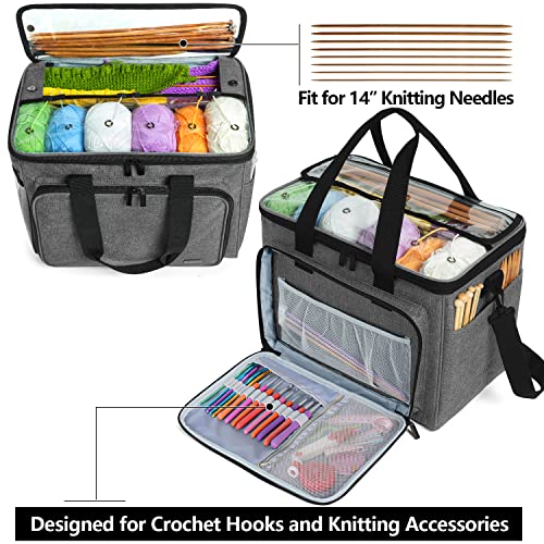Teamoy Knitting Bag, Yarn Tote Organizer with Inner Divider (Sewn to Bottom) for Crochet Hooks, Knitting Needles(Up to 14”), Project and Supplies -No Accessories Included, Gray