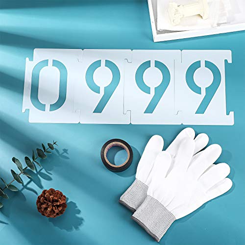 44 Pieces Curb Stencils Kit for Address Painting, Including 40 0-9 Curb Number Stencils, 4 Inch Tall, 4 Pieces of Each, Adhesive Tape, 3 Pairs Gloves, Reusable Plastic Numbers for Road Wood Chalkboard