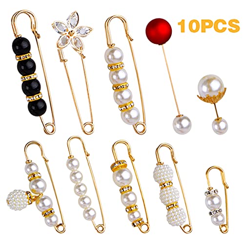10pcs Heavy Duty Safety Pins Metal Large Safety Blanket Pins Brooch Pins with White Pearl Rhinestones Accessories for Women Girls Clothing Shirts Dresses Sweater Shawl Decoration, 10 Styles