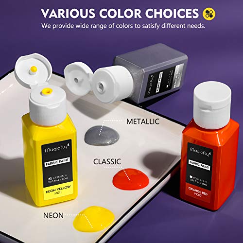 Magicfly Permanent Soft Fabric Paint Set for Clothes 14 Colors 60ML Textile T-Shirt Paints, No Heating Needed & Washable Fabric Paints for Crafts, Canvas, T-Shirts, Jeans, Bags, with 3 Brushes