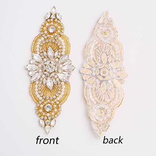 WEZTEZ Crystal Rhinestone Applique Patch with Beaded Pearls Embellishments DIY Sewing Appliques for Dress Headpieces Garters Shoes（Gold，2pcs）