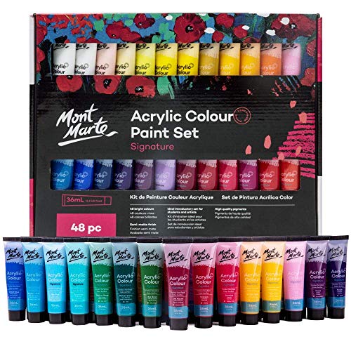 Mont Marte Signature Acrylic Paint Set, 48 Colors x 36 ml, Semi-Matte Finish, Suitable for Canvas, Wood, MDF, Leather, Air-dried Clay, Plaster, Cardboard, Paper and Crafts