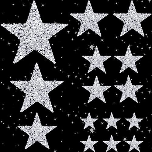 12 Pcs Star Iron on Patches Rhinestone Silver Adhesive Applique Hot Glue Rhinestone Stars Glitter Crystal Patches for Clothing Shoes Bags Hats Repair Decoration and DIY Accessory, 3 Sizes