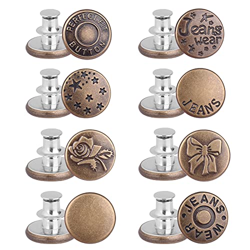 8 Sets Button Pins, CampTek Nailing-Free Jean Buttons, 8 Styles Button Pins for Jeans No Sew, Metal Buttons Adds Or Reduces an Inch to Any Pants Waist in Seconds