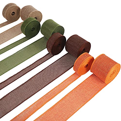 8 Rolls 44 Yards Thanksgiving Wired Edge Ribbon Fall Ribbon Burlap Wired Ribbon Rolls Natural Burlap Weave Ribbon Ribbons for Crafts in 4 Colors for Holiday Decoration Present, 2 Inch, 1 Inch