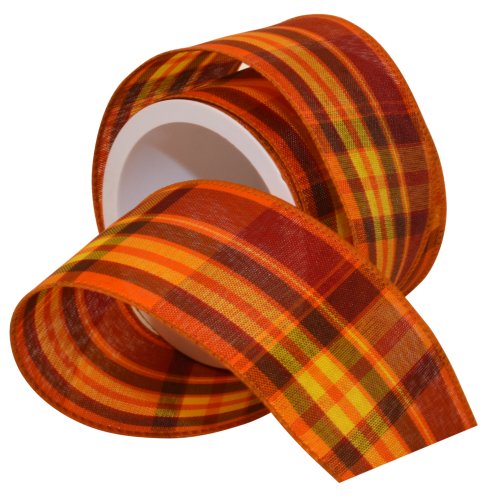 Morex Ribbon Abundance Plaid Wired Fabric Ribbon, Pumpkin, 2-1/2 in x 3-Yd