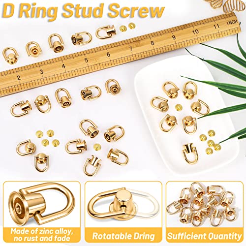 40 Pieces D Rings Rivets for Leather Purse, Gold Ball Studs Rivets with D Ring for Leather Crossbody Purse Craft, Bag Hardware