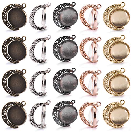 DROLE 60Pcs Moon Rotation Pendant Trays Kit-20Pcs 25mm Double Side Cabochon Setting and 40Pcs 25mm Rond Glass Cabochons for Jewelry Making DIY Crafts 5 Colors