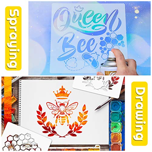 9 Pieces Bee Stencils for Painting on Wood, Honeycomb Theme Reusable Stencils, Honey Drawing Template for DIY Scrapbooking School Classroom Wall Floor Decor (8 x 8 Inch)