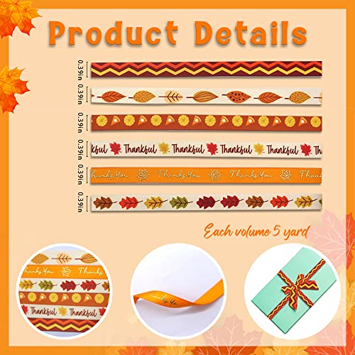 6 Rolls 30 Yards Fall Ribbons Autumn Harvest Ribbons Wave Polyester Satin Ribbon Thanksgiving Pumpkin Maple Leaf Orange Ribbon 3/8" Wide for Gift Wrapping DIY Crafts Fall Thanksgiving Decor