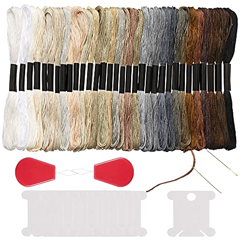 Peirich 32 Skeins Black to White Gradient Grey Brown Embroidery Floss, Cross Stitch Threads Friendship Bracelets Floss with 12 Floss Bobbins, 2 Embroidery Needles and Needle Threader