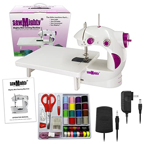 Sew Mighty Mini Sewing Machine with Sewing Kit – Great for Kids! Light, Portable & Battery Powered – Ideal for Children, Beginners Traveling, Quick Repairs, Small Projects & More – Dual-Speed, AC & DC Operation, Foot Pedal Controller & More