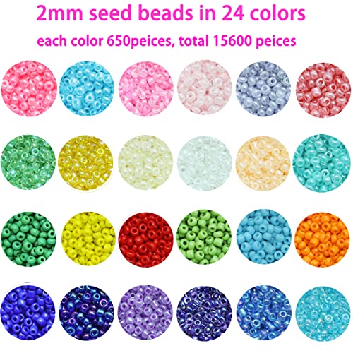 VOOMOLOVE 12/0 Glass Seed Beads About 31200pcs with 48 Colors in 24 Grid Box 2mm Small Seed Beads Kit with Letter Alphabet Beads, 2 Rolls Elastic String Cord, Charms and Jump Rings for Jewelry Making