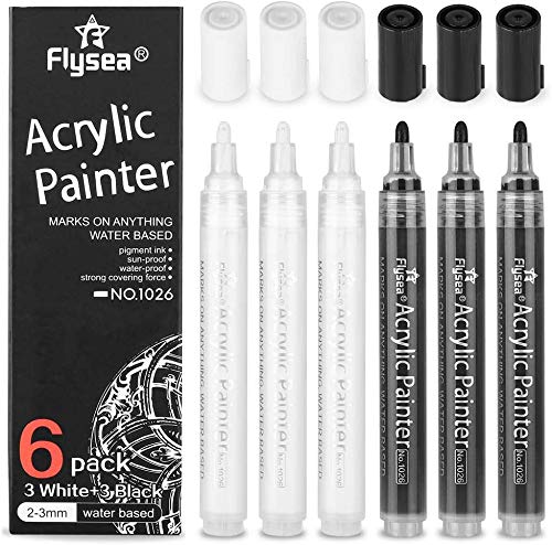 NAWOD Black Paint Pens - 6 Pack Acrylic Black White Permanent Markers, Acrylic Paint Pens for Rock Painting, Wood, Metal, Stone, Ceramic, Glass, Graffiti, Paper, Drawing. Water-based Medium Tip