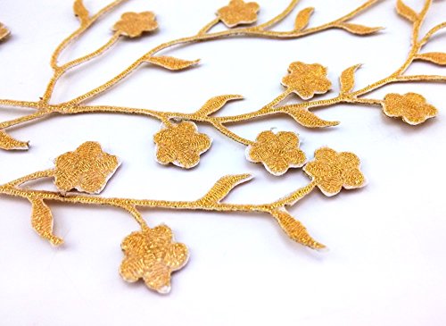 Honbay 2pcs Big and Small Plum Blossom Flower Leaf Vines Iron on Embroidery Applique Patch (Gold)