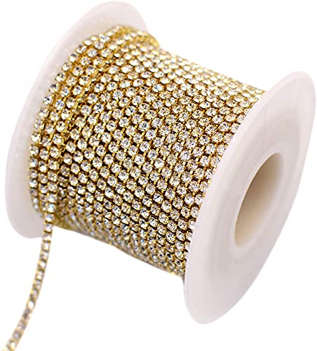 ZAYI 5 Yards 2MM Crystal Rhinestone Diamond Chain Trim, Rhinestones Clear Trimming Claw Chain for Crafts, Sewing, DIY, Jewelry, Wedding, Decoration (SS62mm, Gold)
