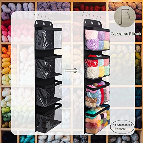 Hanging Yarn Storage Knitting Storage Organizer, Over The Door with 4 Large Clear Shelves Display Holder for Knitting Needles, Crochet Hooks (Black)