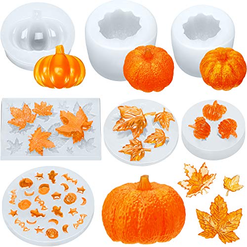 7 Pieces Pumpkin Silicone Molds Halloween Resin Molds Thanksgiving Candle Epoxy Maple Molds Mixed Ghost Mold for Fall DIY Craft Making Decoration Supplies