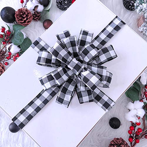 50 Yards Black and White Buffalo Check Plaid Wired Ribbon 1.5" Wide Gingham Ribbon for Rustic Christmas Tree Wreath Gift Wrapping Bows Crafts Floral Arrangement Festive Farmhouse Party Decoration