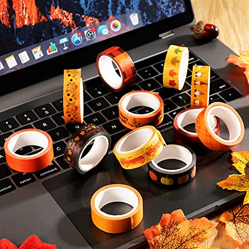 12 Rolls Fall Washi Tape Orange Thanksgiving Washi Tape Maple Leaves Decorative Tape Autumn Pumpkin Book Tape Sunflower Tape Stickers for Thanksgiving Party Supplies Scrapbook DIY Wrapping