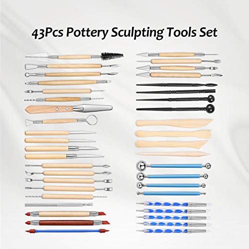 ISSEVE Pottery Clay Sculpting Tools 43Pcs Double Sided Ceramic Clay Carving Tool Set with Upgrade Stand-Up Design Carrying Case for Beginners Professionals School Student Pottery Modeling Smoothing