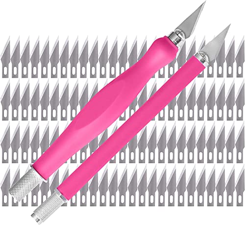 WA Portman Pink Precision Knife Set - 2 Pink Comfort Grip Precision Knives & 100 Carbon Steel Knife Blades - Craft Knife Set with 100 #11 Replacement Hobby Knife Blades - Art Knife & 100 Knife Blades