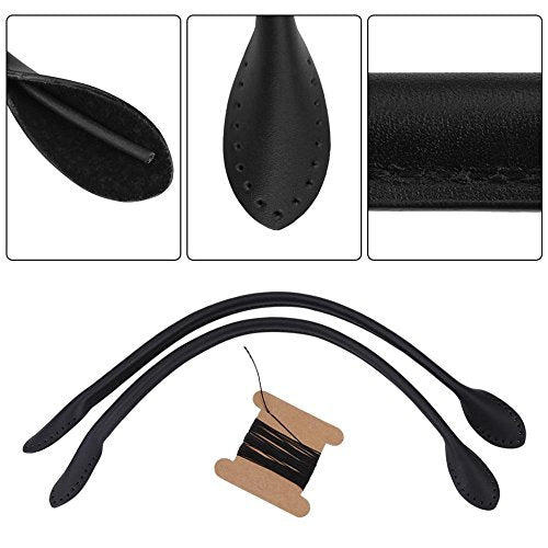 2Pcs Leather Bag Handles, Genuine Leather Bag Straps Handle with Holes Genuine Leather Purses Straps with Ear Shape End DIY Hand Making Accessories for Leather Purse Handbag Wallet(Black)