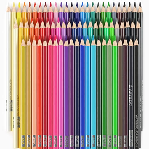 ARTEZA Watercolor Colored Pencils For Adult Coloring, 72 Colored Pencils in Assorted Shades, Triangular Shape, Drawing Pencils for Coloring Books and Canvas, Watercolor Brush Included, Art Supplies