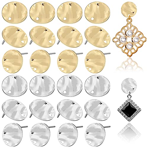 50 Pieces Flat Round Ear Studs Earring Posts with Loop Hole Coin Jewelry 13.0 mm Gold Plated Disc Charms Earring for DIY Earrings Craft Making Supplies for Women Girls (White K, KC Gold)