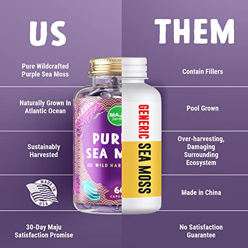MAJU's Powerful Purple Sea Moss Capsules (60 ct), Extra-Strength Purple Minerals, Raw Chondrus Crispus, Stronger Than Gel, Compare with Organic Irish Seamoss Capsule, Wild Harvested Powder Pills