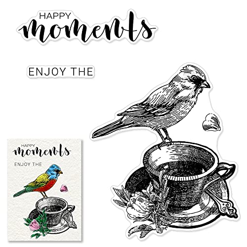 Bird Coffee Cup Clear Stamps for Card Making, Words Letters Transparent Rubber Stamps Tea Cup Leaves Silicone Stamps Seal for DIY Scrapbooking